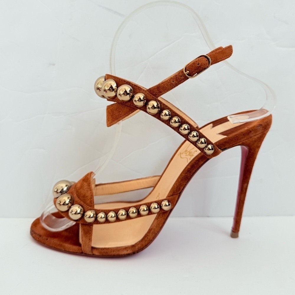 Christian Louboutin Galeria 100mm Cognac Suede studded Heels Sandals EU 37 - Picture 7 of 14